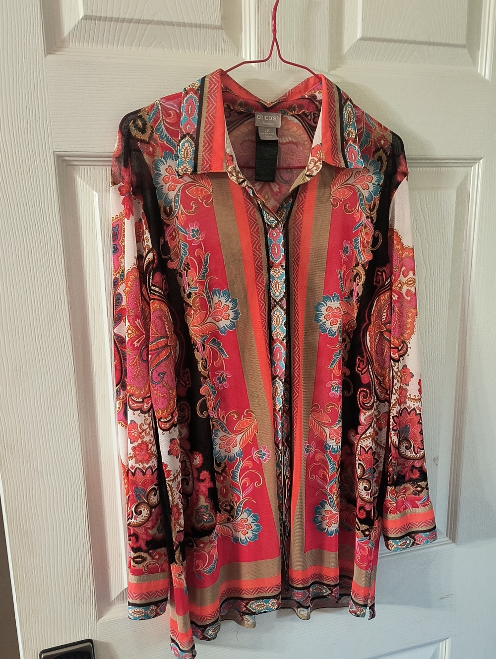 Chico's Coral Multicolor Paisley Stripe Lightweight Mesh Shirt Jacket